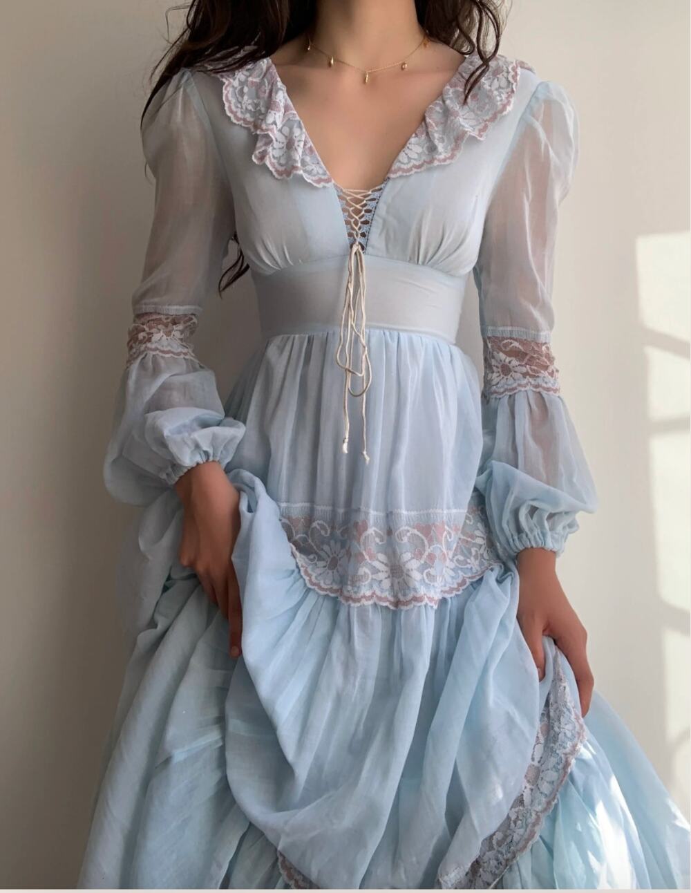 Vintage 1970's Gunne Sax Blue Bird Lace Prairie Maxi Dress